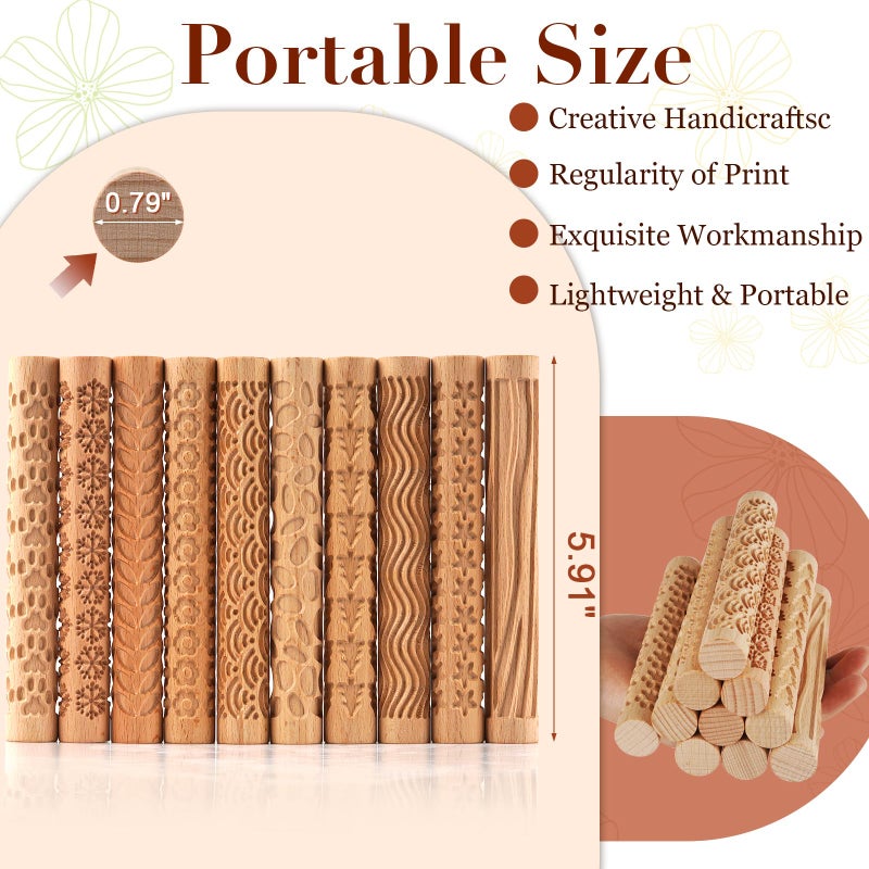 Lzttyee Set of 10 Wooden Handle Pottery Tools Clay Modeling Pattern Rollers Kit Brown (Set of 10) - Image 2